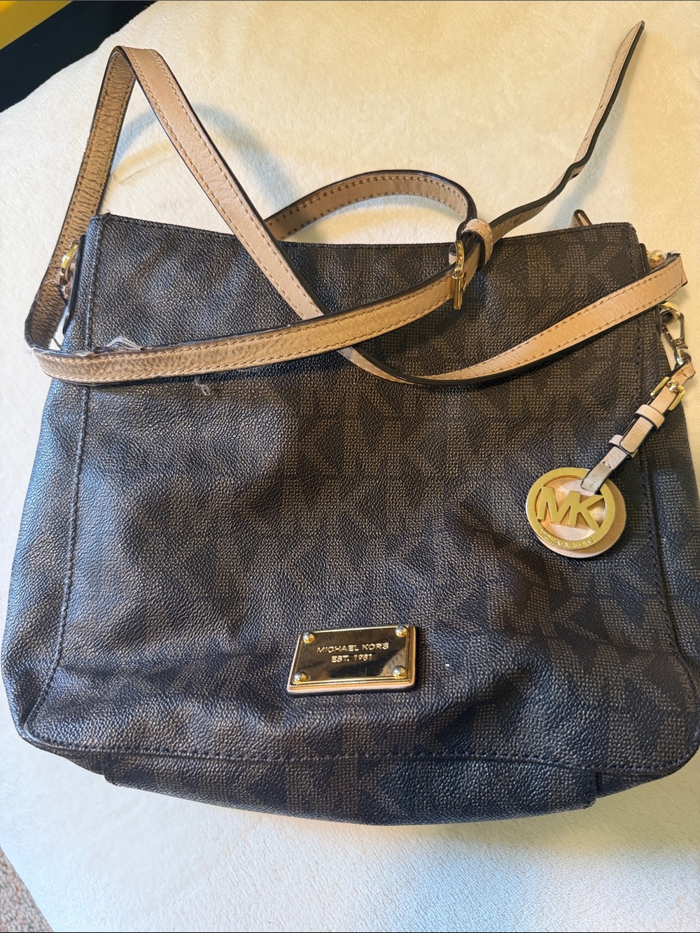 Michael Kors Dark Brown MK Logo Crossbody with Beige Strap and Gold Hardware